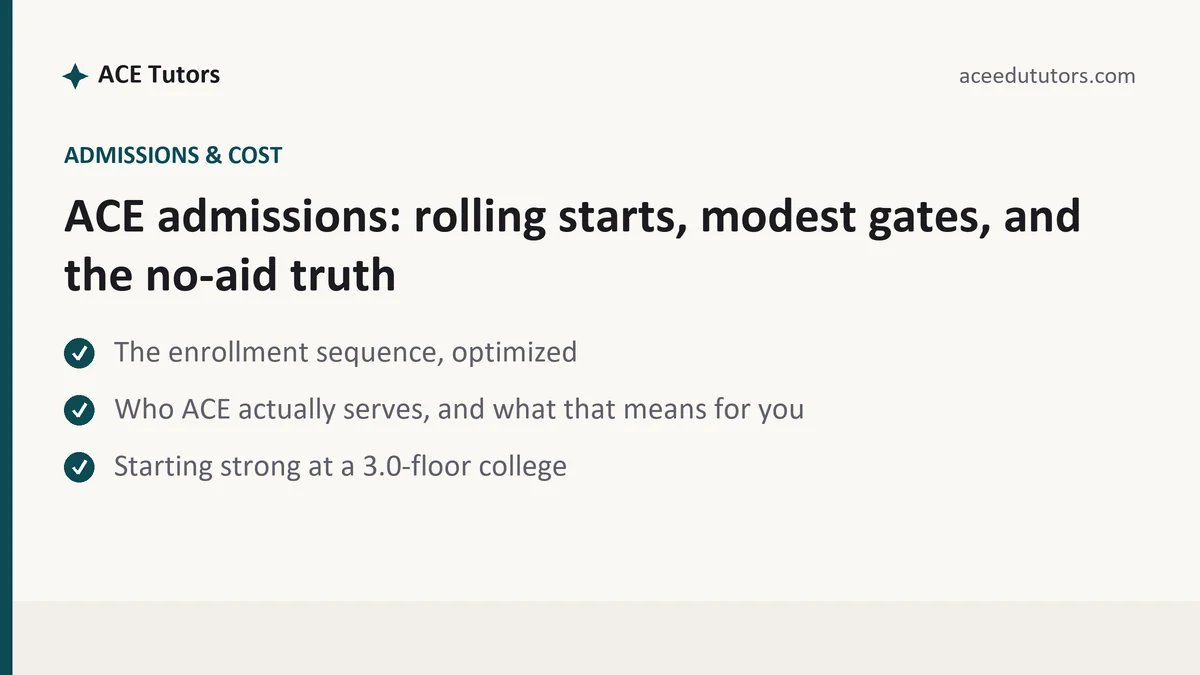 ACE admissions: rolling starts, modest gates, and the no-aid truth, a ACE student guide, from ACE Tutors