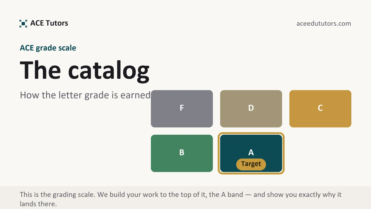 The catalog at ACE, the grading standard every deliverable is built to, from ACE Tutors